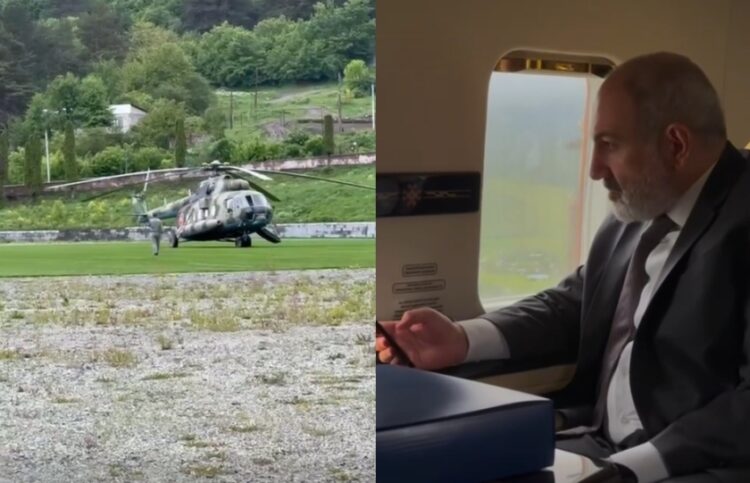 Αριστερά το στρατιωτικό ελικόπτερο που μετέφερε τον Νικόλ Πασινιάν (δεξιά) (φωτ.: facebook/Nikol Pashinyan / Նիկոլ Փաշինյան)
