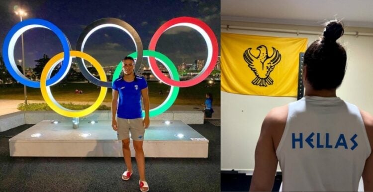 Η Ελισάβετ Τελτσίδου αριστερά με τους ολυμπιακούς κύκλους στο Τόκιο και δεξιά με τη σημαία του Πόντου (φωτ.: instagram/elisavet_teltsidou)