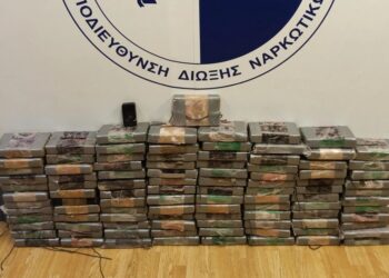 Τα πακέτα με την κοκαΐνη τα οποία εντοπίστηκαν στο φορτίο με τα κατεψυγμένα καλαμαράκια (φωτ.: Ελληνική Αστυνομία)