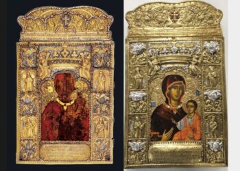 Αριστερά η αυθεντική εικόνα και δεξιά το αντίγραφο της Παναγίας Σουμελά (φωτ.: panagiasoumela.gr/neoskosmos.com)