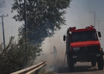 Πυροσβέστης επιχειρεί για την κατάσβεση της πυρκαγιάς στη Λάρισα (Πηγή φωτ.:  larissanet/ Θανάσης Καλιακούδας)