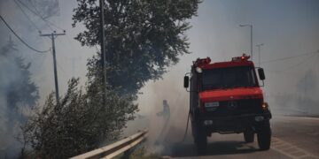 Πυροσβέστης επιχειρεί για την κατάσβεση της πυρκαγιάς στη Λάρισα (Πηγή φωτ.:  larissanet/ Θανάσης Καλιακούδας)