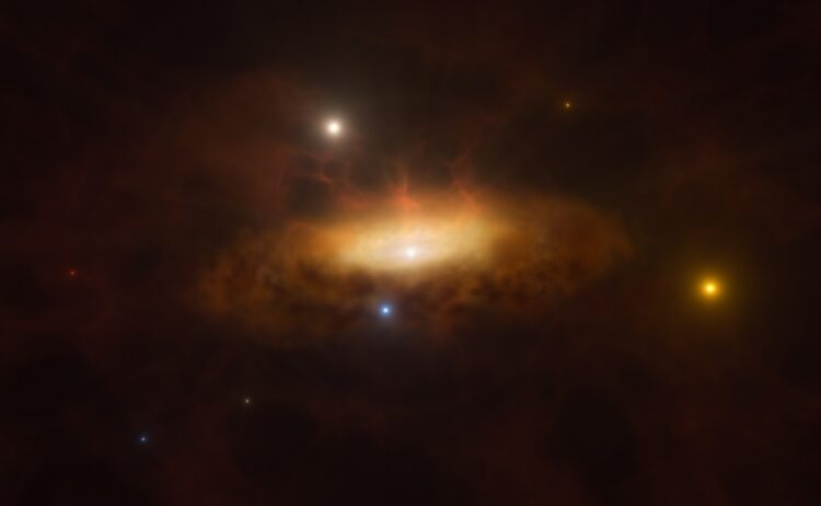 Καλλιτεχνική απεικόνιση που δείχνει τον αυξανόμενο δίσκο υλικού που έλκεται από τη μαύρη τρύπα και κάνει τον γαλαξία να λάμπει (φωτ.: ESO/M. Kornmesser)