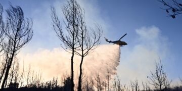 Ελικόπτερο κάνει ρίψεις νερού σε δασική πυρκαγιά (φωτ.: EUROKINISSI/Μιχάλης Καραγιάννης)