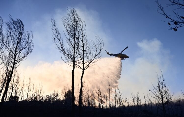 Ελικόπτερο κάνει ρίψεις νερού σε δασική πυρκαγιά (φωτ.: EUROKINISSI/Μιχάλης Καραγιάννης)