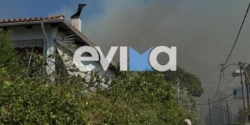Πυκνός καπνός κοντά σε σπίτια στον Αλμυροπόταμο (φωτ.: evima.gr)
