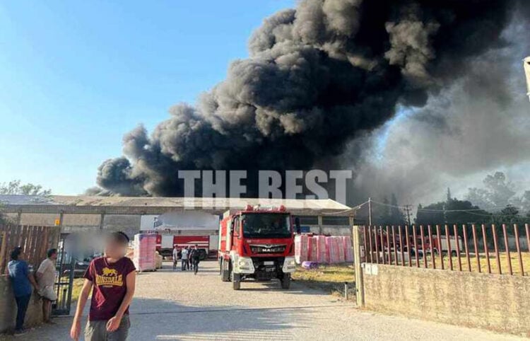 Πυκνός μαύρος καπνός υψώνεται από τον περιβάλλοντα χώρο του εργοστασίου στο Γομοστό Αχαΐας (φωτ.: thebest.gr)