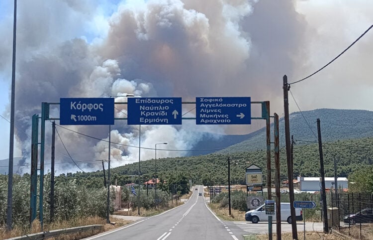 Πυκνοί καπνοί από την πυρκαγιά σε δασική έκταση στην περιοχή Άγιος Βλάσης Κορινθίας (φωτ.: ΑΠΕ-ΜΠΕ / Βασίλης Ψωμάς)