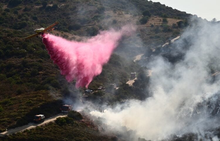 Πυροσβεστικό αεροσκάφος πραγματοποιεί ρίψεις νερού στο πύρινο μέτωπο της Εύβοιας (φωτ.: EUROKINISSI/Μιχάλης Παπαδόπουλος)