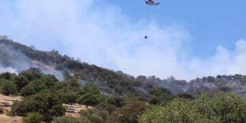 Ελικόπτερο επιχειρεί κατά της πυρκαγιάς στη Λέσβο (φωτ.: glomex)