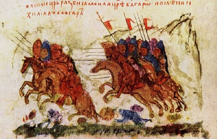 Η νίκη των Βυζαντινών κατά των Βουλγάρων. Σε χειρόγραφο του Κωνσταντίνου Μανασσή (πηγή: Wikipedia)