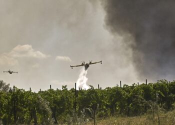 Πυροσβεστικό αεροσκάφος επιχειρεί στην Κορινθία (φωτ.: ΑΠΕ-ΜΠΕ / Βασίλης Ψωμάς)
