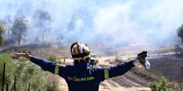 Πυροσβέστης μπροστά στη φωτιά που καταπίνει πράσινο στη βορειοανατολική Αττική (φωτ.: EUROKINISSI / Μιχάλης Καραγιάννης)