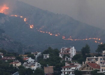 Το μέτωπο της φωτιάς πάνω από την Πεντέλη  (φωτ.: ΑΠΕ-ΜΠΕ / Γιώργος Βιτσαράς)