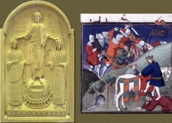 Αριστερά: Δίπτυχο σε πλάκα από ελεφαντόδοτο  με τον Ρωμανό Δ' Διογένη και τη σύζυγό του Ευδοκία Μακρεμβολίτου. Δεξιά: Η Μάχη του Μαντζικέρτ από γαλλική μινιατούρα του 15ου αιώνα (πηγή: Wikipedia)