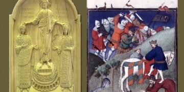 Αριστερά: Δίπτυχο σε πλάκα από ελεφαντόδοτο  με τον Ρωμανό Δ' Διογένη και τη σύζυγό του Ευδοκία Μακρεμβολίτου. Δεξιά: Η Μάχη του Μαντζικέρτ από γαλλική μινιατούρα του 15ου αιώνα (πηγή: Wikipedia)