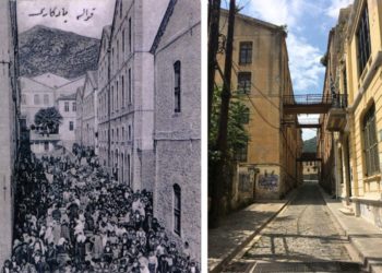 Πολυσύχναστος δρόμος στην Καβάλα, το 1910, στα αριστέρα και δεξιά ο ίδιος δρόμος στη σύγχρονη εποχή (φωτ.: sephardiclosangeles.org)