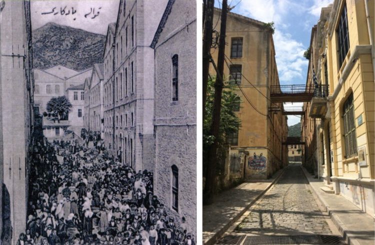 Πολυσύχναστος δρόμος στην Καβάλα, το 1910, στα αριστέρα και δεξιά ο ίδιος δρόμος στη σύγχρονη εποχή (φωτ.: sephardiclosangeles.org)