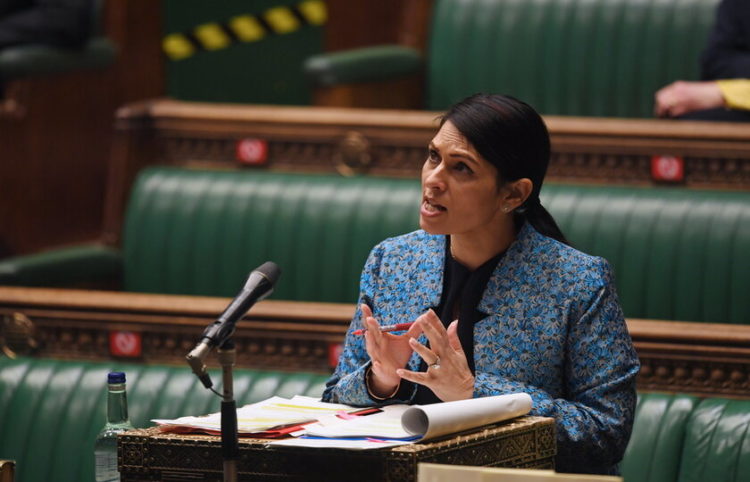 epa09076978 A handout photo made available by the UK Parliament shows British Home Secretary Priti Patel during a debate on 'Policing and the Prevention of Violence Against Women' in the House of Commons at Parliament, in London, Britain, 15 March 2021.  EPA/JESSICA TAYLOR/UK PARLIAMENT HANDOUT MANDATORY CREDIT: UK PARLIAMENT/JESSICA TAYLOR HANDOUT EDITORIAL USE ONLY/NO SALES *** Local Caption *** 55980775