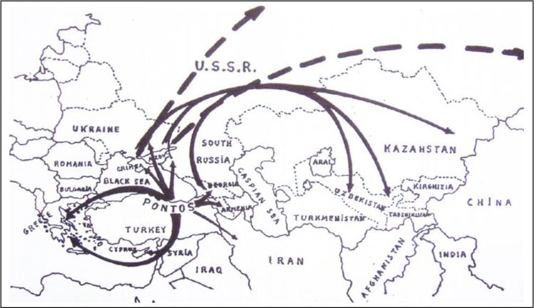 Τα βέλη που δείχνουν προς την Ελλάδα και την ΕΣΣΔ αποτυπώνουν το κύμα των προσφύγων του 1922. Τα βέλη με τις διακεκομμένες γραμμές δείχνουν τα μονοπάτια προς τα στρατόπεδα συγκέντρωσης της Σιβηρίας, ενώ τα βέλη προς τα ανατολικά δείχνουν τις μαζικές σταλινικές εκτοπίσεις Ελλήνων Ποντίων στην Κεντρική Ασία από το 1941 έως το 1944 και από το 1947 έως το 1949 (πηγή χάρτη: Βλ. Αγτζίδης, «Η κατάρρευση της Σοβιετικής Ένωσης. Οι συνέπειες για τον Ελληνισμό», εκδ.  Ελλοπία, Αθήνα 1993)