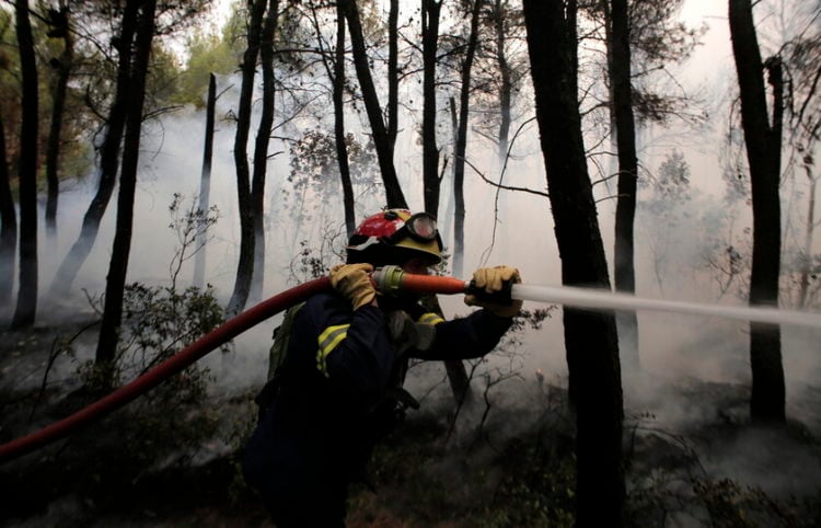 Πυροσβέστης παλεύει με τις φλόγες στη Βαρυμπόμπη, 5/8/2021, (φωτ.: EPA/ Kostas Tsironis)