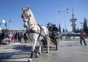 Περί τα 30 άλογα με άμαξες και τους ιππείς τους, οι οποίοι μετέχουν στο Σαλόνι Αλόγου, παρέλασαν στο κέντρο της Θεσσαλονίκης (φωτ.: ΜΟΤΙΟΝΤΕΑΜ/Βασίλης Βερβερίδης)