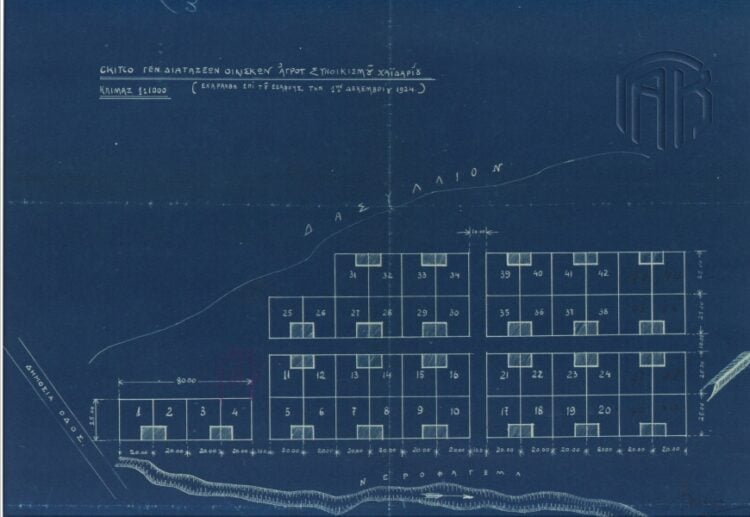 Διάγραμμα διάταξης οικίσκων αγροτικού συνοικισμού Χαϊδαρίου. 1η Δεκεμβρίου 1924
(πηγή: ΓΑΚ, Κ.Υ., Αρχείο Τοπογραφικής Υπηρεσίας Υπουργείου Γεωργίας)