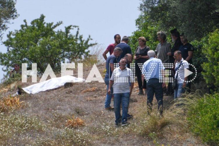 Η σορός του Παναγιώτη Μενούνου κείτεται στο κτήμα, όπου πριν από λίγη ώρα βοσκούσαν οι κατσίκες του, προκαλώντας την οργή του 82χρονου δολοφόνου (φωτ.: Ilialive)