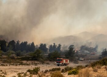 Πυροσβεστικές δυνάμεις αντιμέτωπες με αναζωπυρώσεις στη Ρόδο (φωτ.: Eurokinissi/Μιχάλης Καραγιάννης)