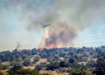 Ελικόπτερο κάνει ρίψη για την κατάσβεση πυρκαγιάς στη Βοιωτία (φωτ.: Eurokinissi)