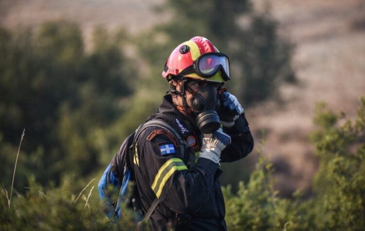 Πυροσβέστης ετοιμάζεται να συνδράμει στην κατάσβεση δασικής πυρκαγιάς (φωτ.: EUROKINISSI/Νάσος Σιμόπουλος)