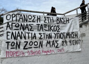 Πανό στο ΑΠΘ για το αυριανό φοιτητικό συλλαλητήριο στη Θεσσαλονίκη ενάντια στα ιδιωτικά πανεπιστήμια (φωτ.: Χαρά Κουρκουρίκη)