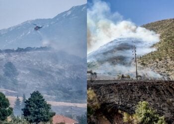 Ελικόπτερο κάνει ρίψεις νερού στο Ορθοβούνι Καλαμπάκας (φωτ.: EUROKINISSI)