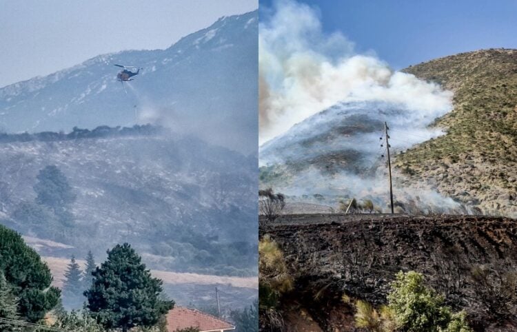 Ελικόπτερο κάνει ρίψεις νερού στο Ορθοβούνι Καλαμπάκας (φωτ.: EUROKINISSI)