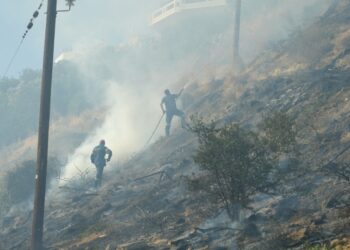 Πυροσβέστες επιχειρούν στην κατάσβεση πυρκαγιάς η οποία εκδηλώθηκε το απόγευμα στην περιοχή μεταξύ Κορώνη Μαγαρά και Μασταμπά, στο Ηράκλειο της Κρήτης (φωτ.: ΑΠΕ-ΜΠΕ/Νίκος Χαλκιαδάκης)