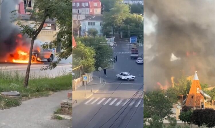 Σε στιγμιότυπα από βίντεο, στο κέντρο διακρίνονται αστυνομικοί να ανταλλάσσουν πυροβολισμούς με τους ενόπλους και εκατέρωθεν η συναγωγή που έχει παραδοθεί στις φλόγες (φωτ.: Πλατφόρμα «Χ»)