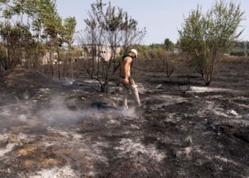 Εθελοντές επιχειρούν σε έκταση που καίγεται ύστερα από φωτιά που ξέσπασε σε χαμηλή βλάστηση στο Τρίλοφο της Θεσσαλονίκης, την Πέμπτη 18 Ιουλίου 2024 (φωτ.: ΑΠΕ-ΜΠΕ/Αχιλλέας Χήρας)