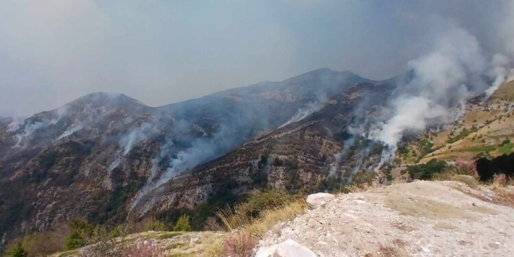 Καπνοί από τη φωτιά που συνεχίζει να καίει σε δύσβατο σημείο στο όρος Παγγαίο (Φωτ.: Facebook / enachannel.gr)