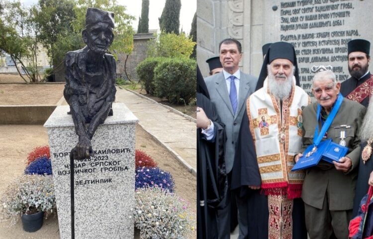 Αριστερά το άγαλμα του Γιώργου Μιχαΐλοβιτς και δεξιά ο εμβληματικός φύλακας με τον Πατριάρχη Σερβίας Ειρηναίο, κατά την απονομή του μεταλλίου του Αγίου Σάββα της Σερβικής Εκκλησίας, το 2014 (φωτ.: ΑΠΕ-ΜΠΕ, ΜΟΤΙΟΝΤΕΑΜ/Φανή Τρυψάνη)