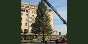 Συνεργείο του δήμου Θεσσαλονίκης στήνει το χριστουγεννιάτικο δέντρο στην πλατεία Αριστοτέλους (φωτ.: Δήμος Θεσσαλονίκης)