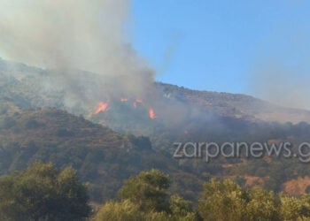 Το πύρινο μέτωπο είναι σε ορεινή και δύσβατη περιοχή του Δήμου Πλατανιά (φωτ.: zarpanews.gr)