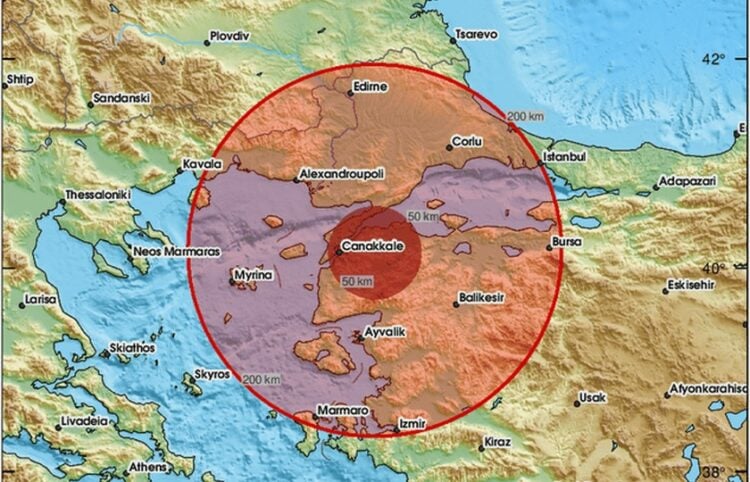 Χάρτης με τα σημεία τα οποία επηρεάστηκαν από τη σεισμική δόνηση (φωτ.: Χ/EMSC)