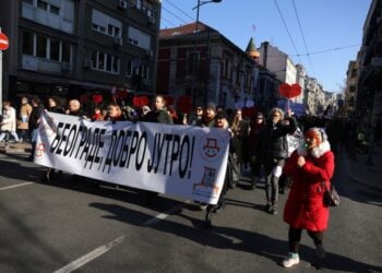 Στιγμιότυπο από) αντικυβερνητική διαμαρτυρία στο Βελιγράδι, την Τρίτη 11 Φεβρουαρίου 2025. (Φωτ.: EPA/Andrej Cukic)